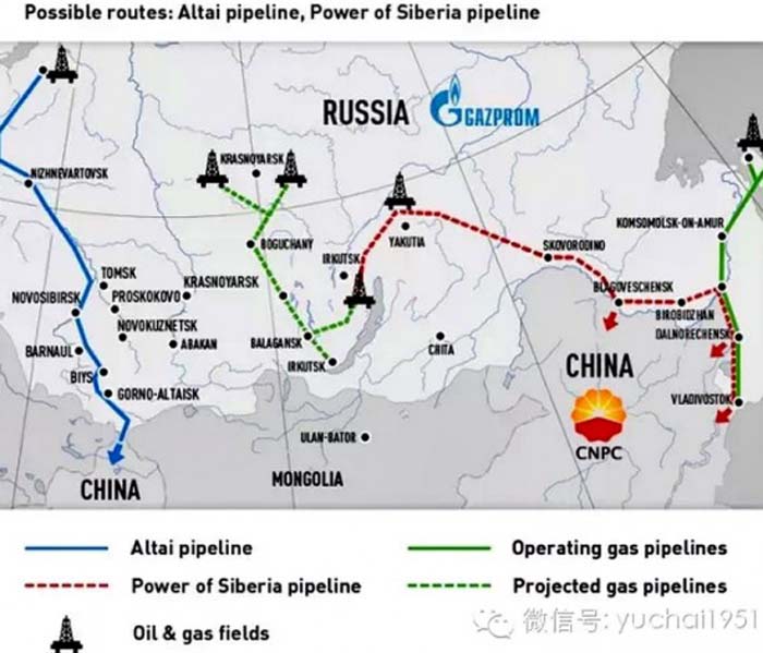 俄羅斯向中國的兩條輸氣管道示意圖